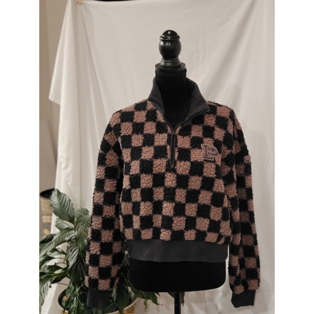 Pink Victoria's Secret Checkerboard Sherpa Fleece‎ Quarter Zip Pullover Brown XS